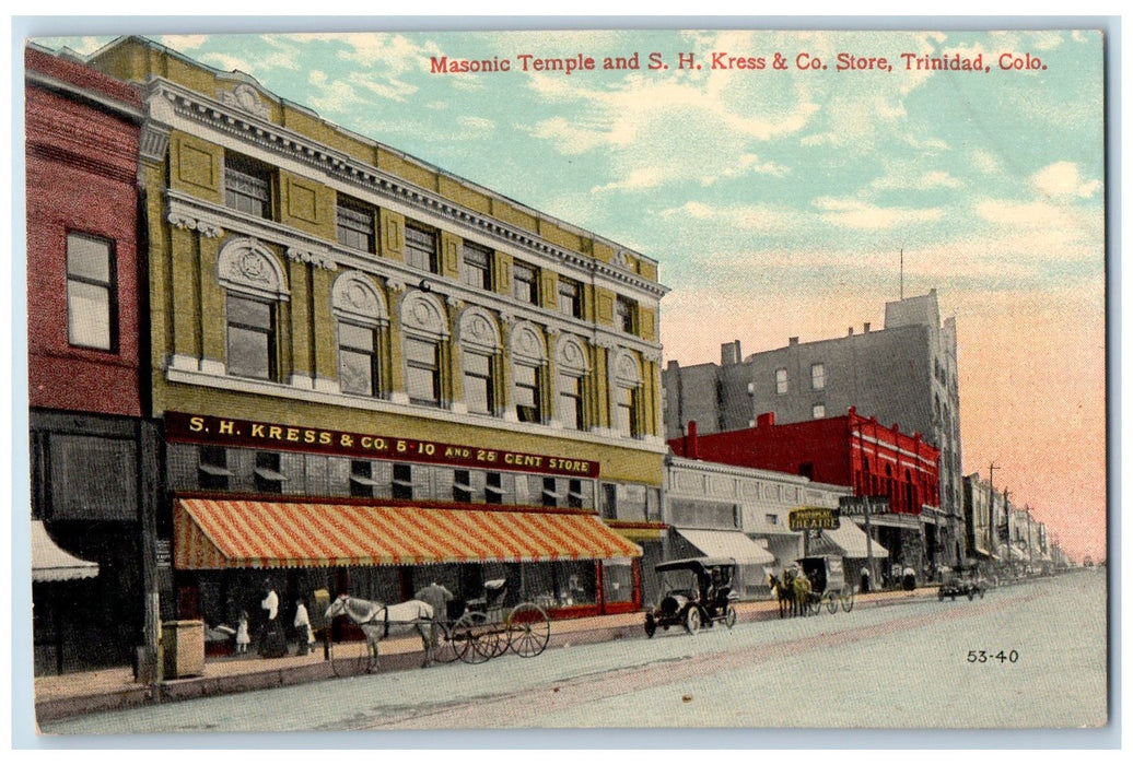 c1910's Masonic Temple SH Kress Co. Store Horse Carriage Trinidad CO Postcard