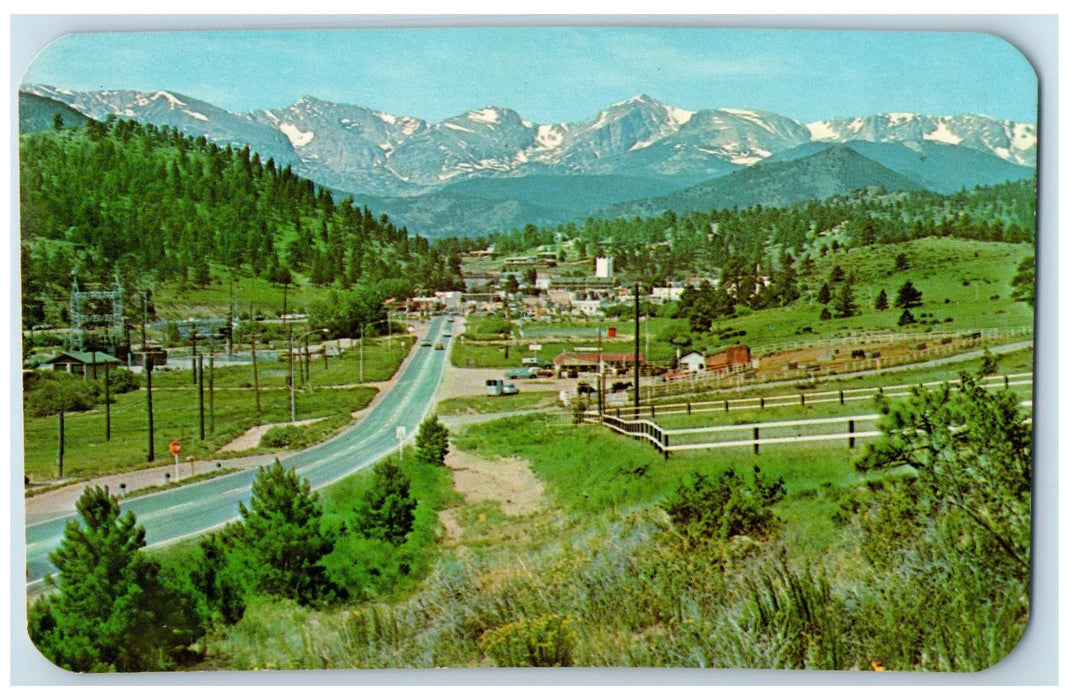 c1950 Estes Park Village View On Mountains Thompson Highway Colorado CO Postcard