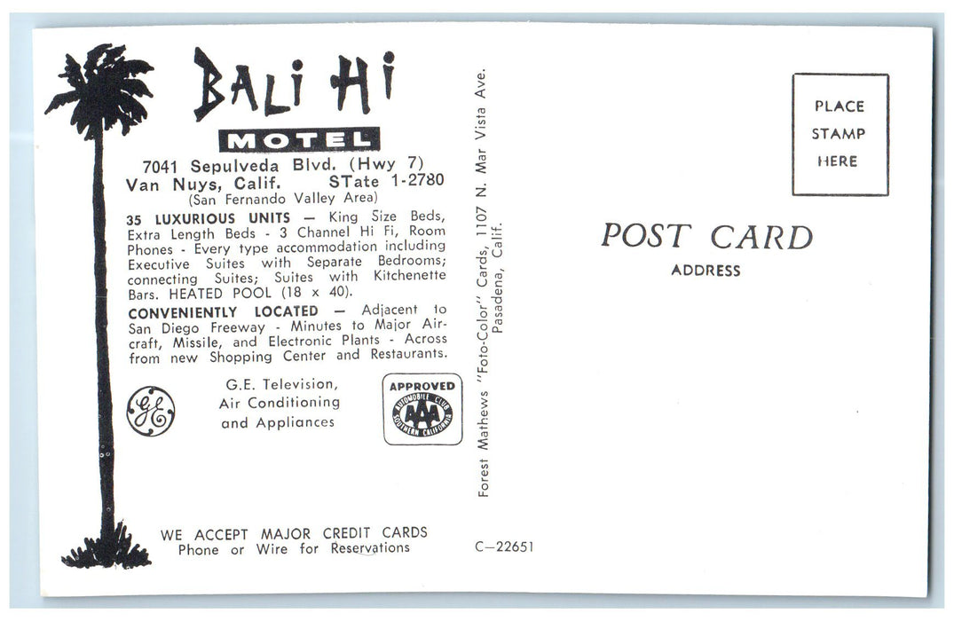 c1960's Bali Hi Motel Fencing Pool Cars Rooms Van Nuys California CA Postcard