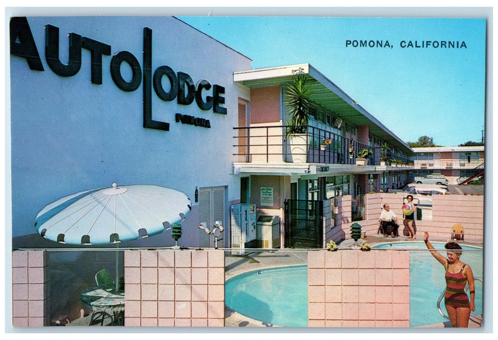c1960's Auto Lodge Travel Transient Pool Car Park Pomona California CA Postcard