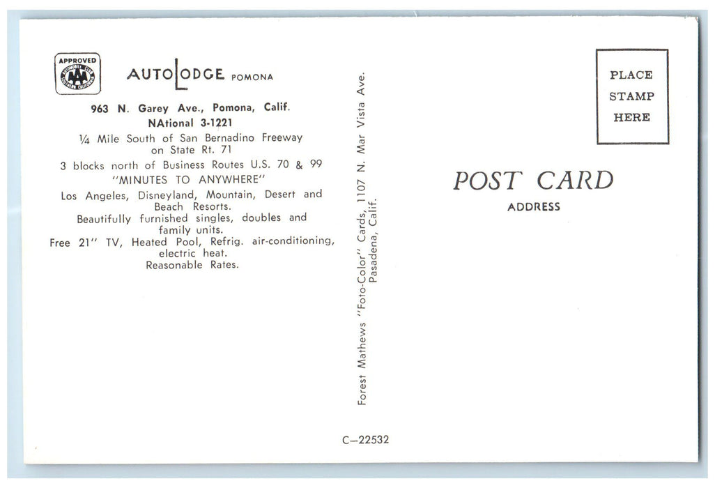 c1960's Auto Lodge Travel Transient Pool Car Park Pomona California CA Postcard