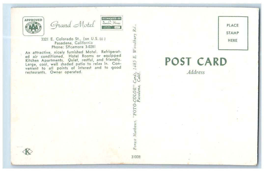 c1950 Grand Motel Tourist Traveler Drive Inn Car Pasadena California CA Postcard