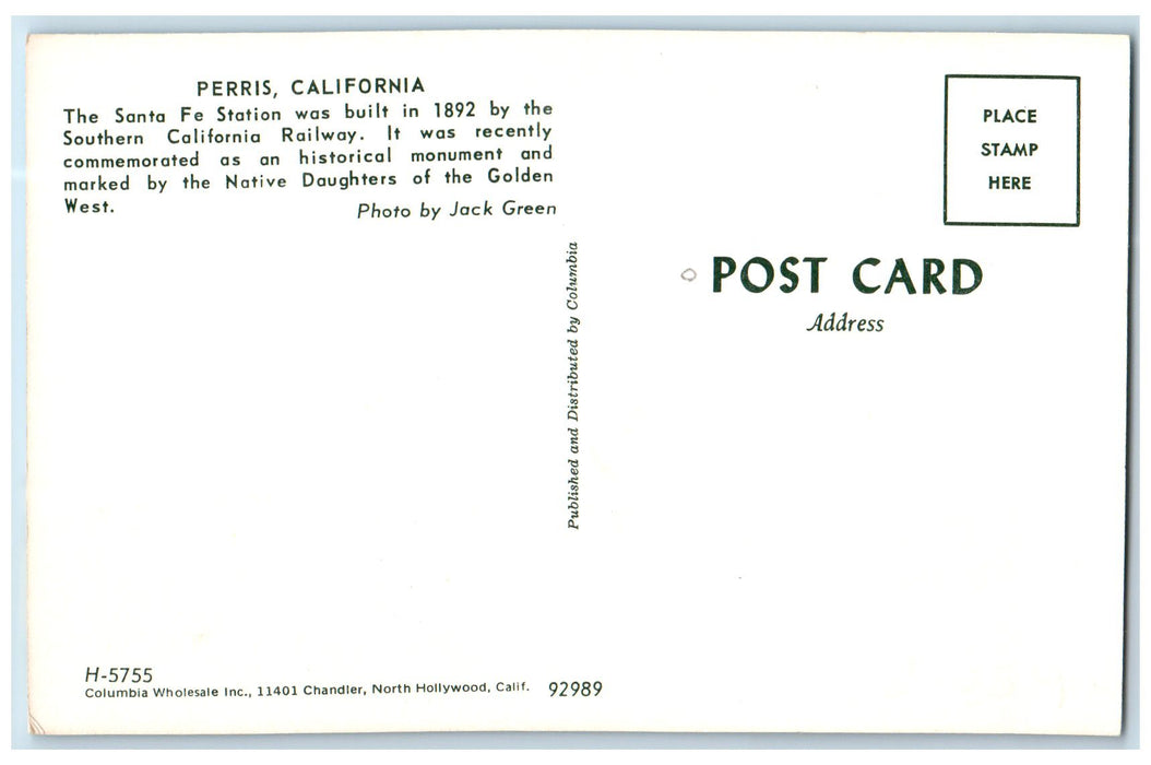 c1950 Perris Sta. Fe Station Railroad Depot Car Sta. Fe California CA Postcard