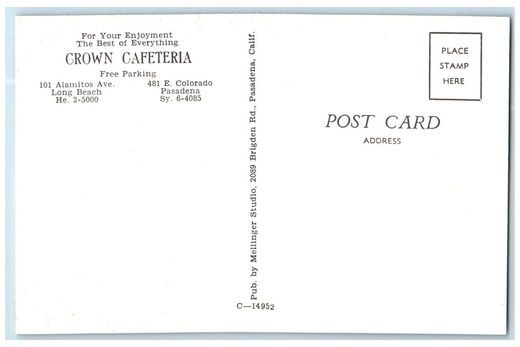 c1950 Crown Cafeteria Restaurant Dine Multi View Pasadena California CA Postcard