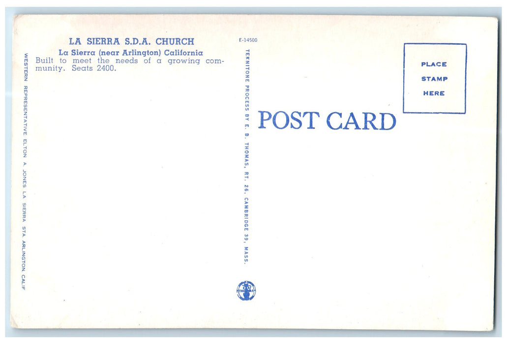 c1950's La Sierra SDA Church Seventh Day Adventist Church La Sierra CA Postcard