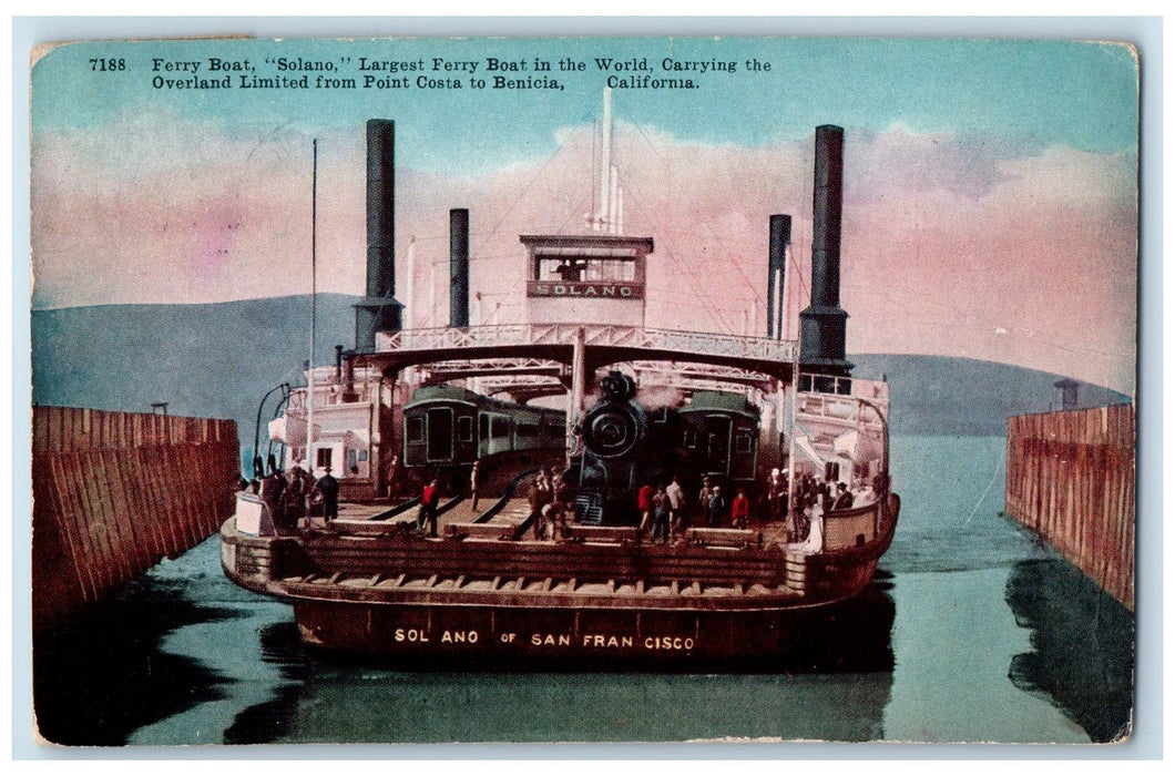 1915 Ferry Boat Solano Train Hauler Carrier Costa Benicia California CA Postcard