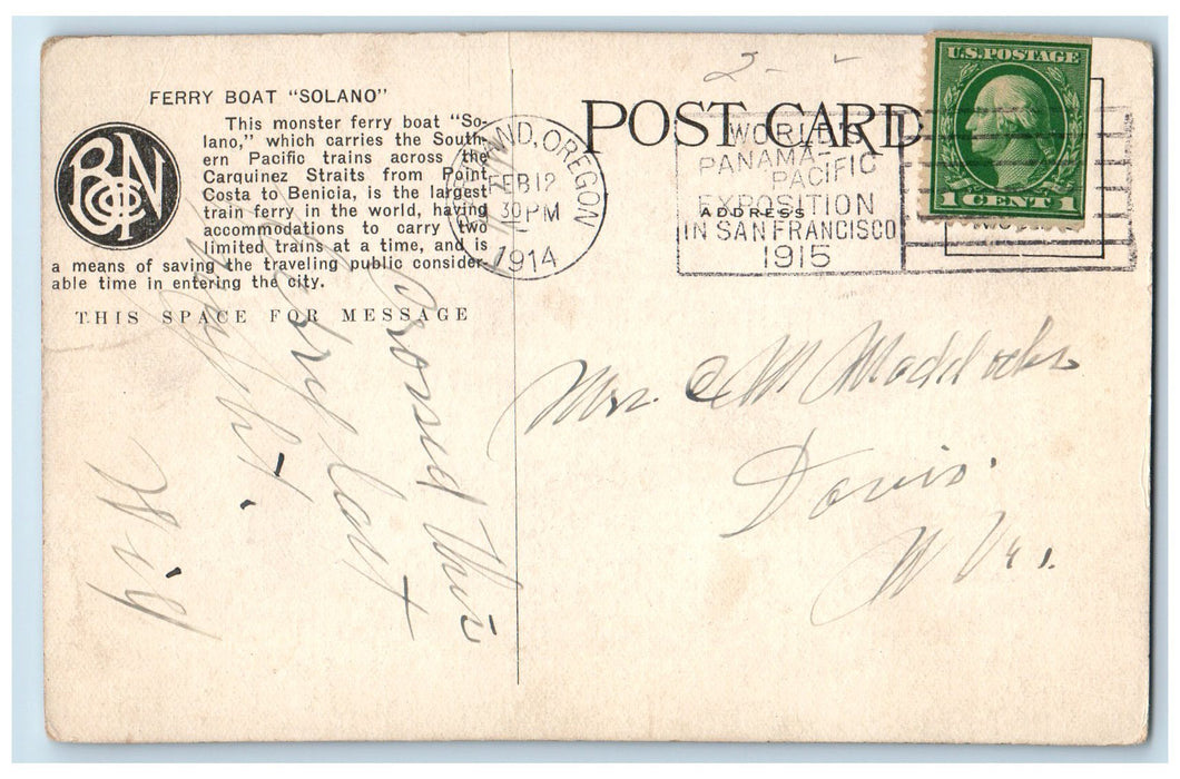1915 Ferry Boat Solano Train Hauler Carrier Costa Benicia California CA Postcard