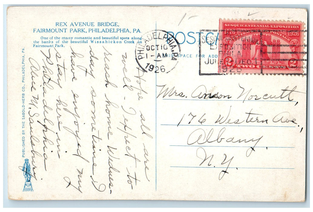1926 Rex Ave. Bridge Fairmount Park Lake Philadelphia Pennsylvania PA Postcard