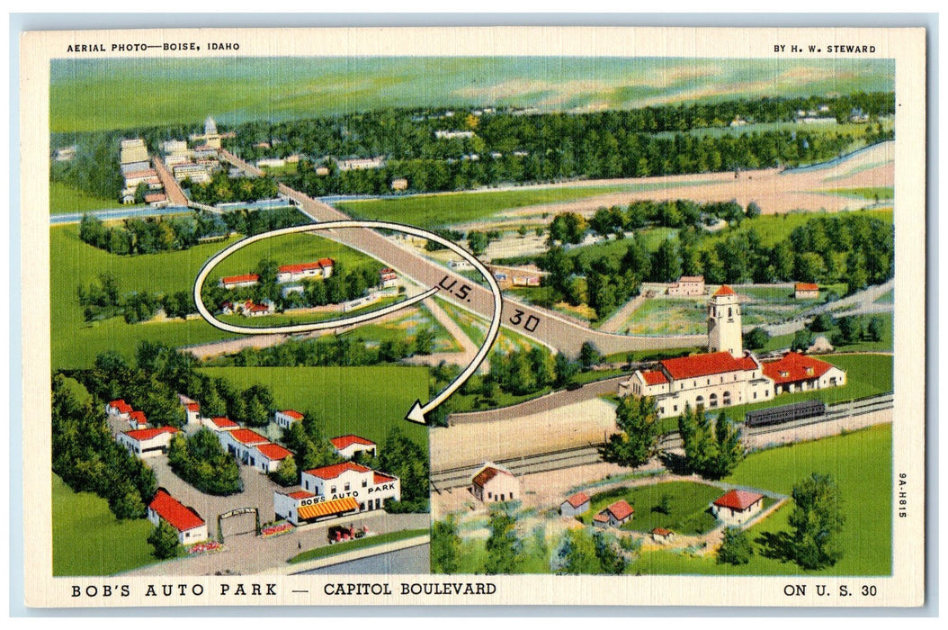 c1940 Bob's Auto Park Capitol Blvd. Sketch Aerial View Boise Idaho ID Postcard