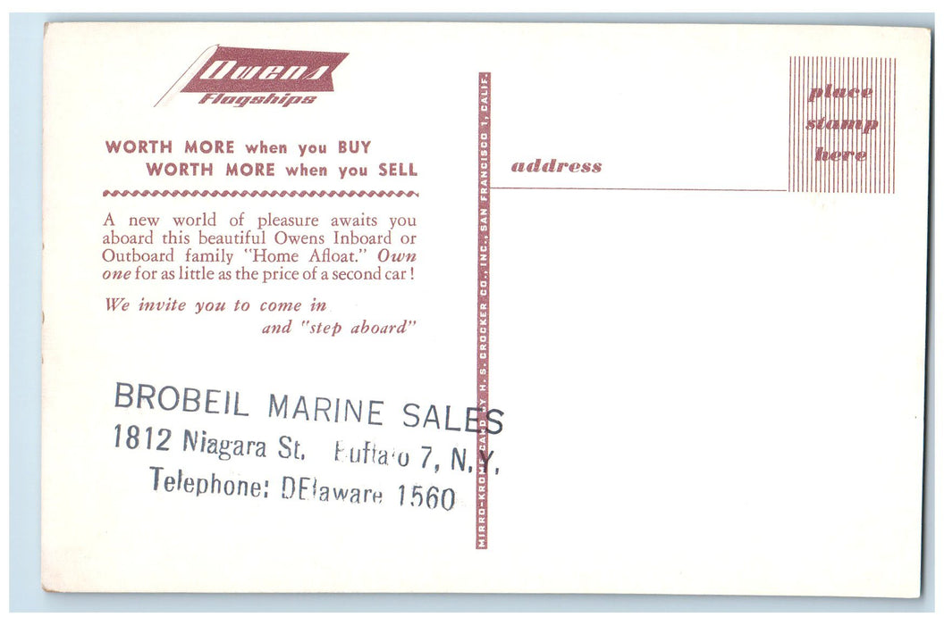 c1950 Owena Flagships Advertising Classic Speed Boat Lake Buffalo NY Postcard