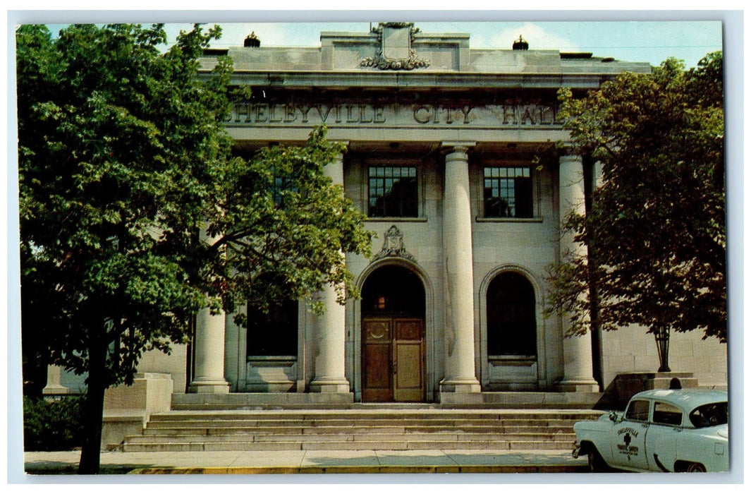 View Of Shelbyville City Hall Indiana IN, Car Tree Scene Vintage Postcard