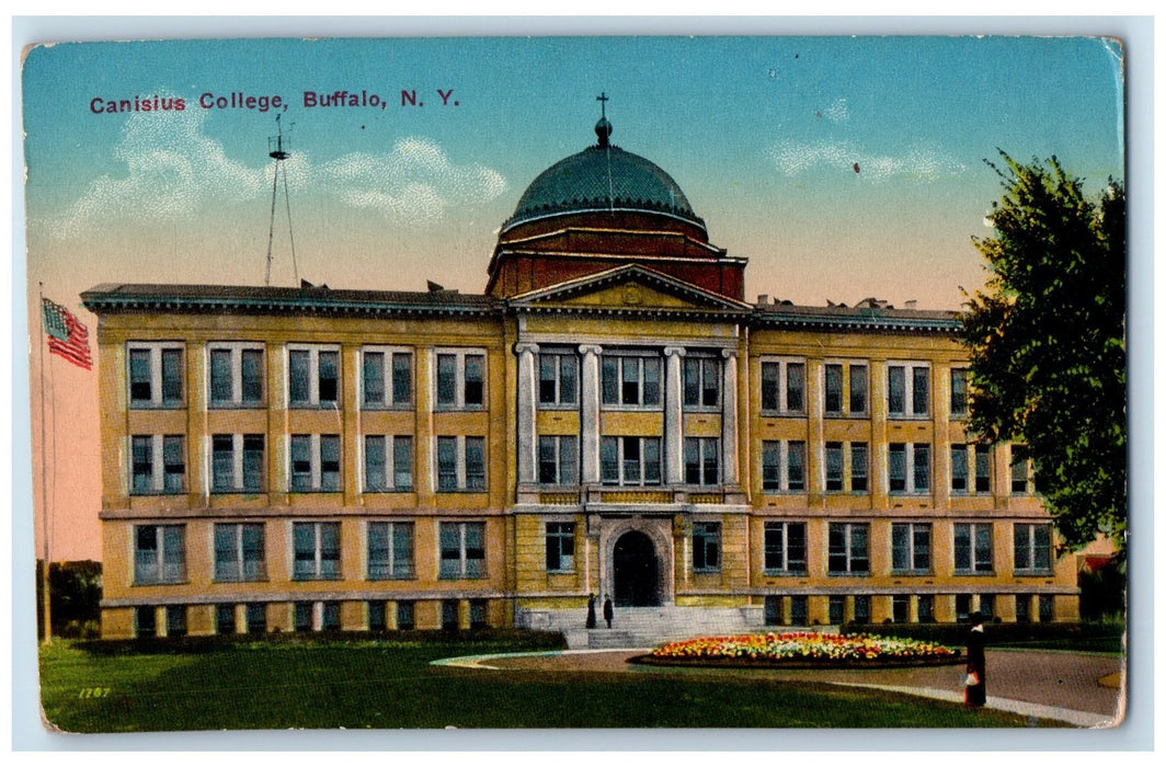 c1910's Canisius College Front View Flag Pole Cross Flowers Buffalo NY Postcard