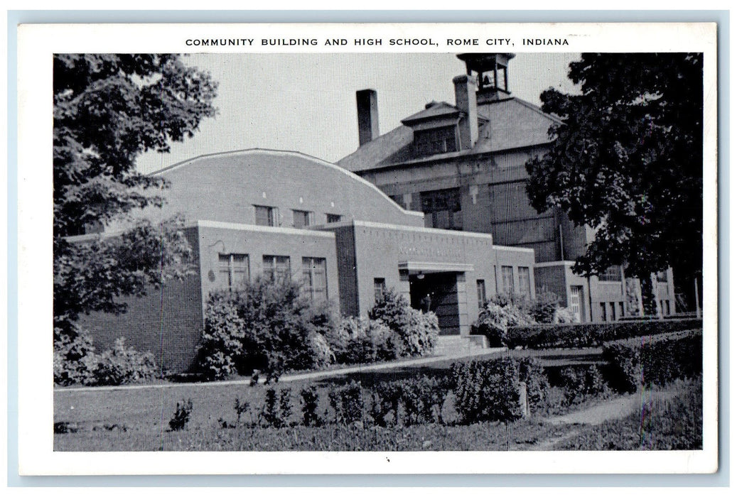 View Of Community Building And High School Rome City Indiana IN Vintage Postcard