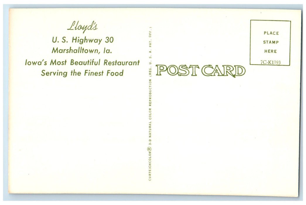 c1950's Lloyd's Restaurant Signage Turn Way Front Marshalltown Iowa IA Postcard