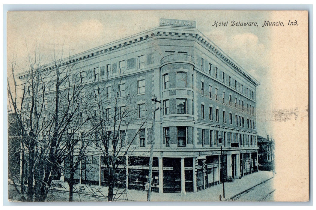 1907 Hotel Delaware Corner View Building Sidewalk Bicycle Muncie IN Postcard