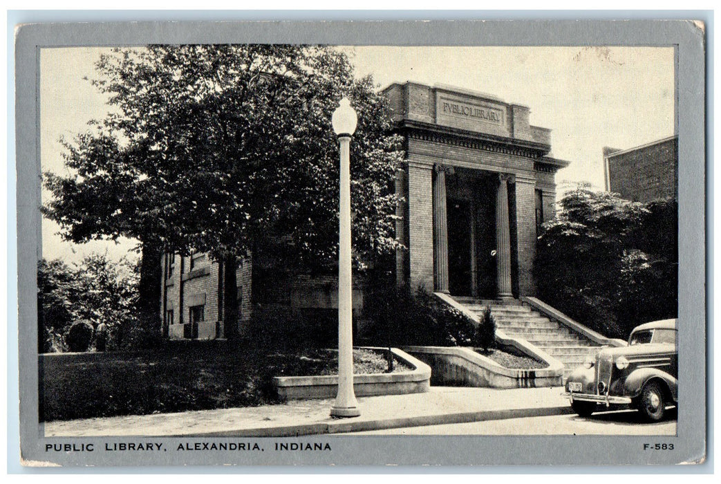 c1940 Public Library Classic Car Lamp Post Stair Sidewalk Alexandria IN Postcard