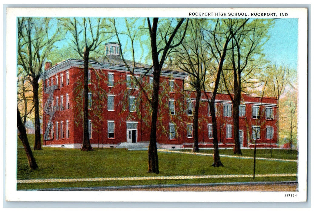 c1910's Rockport High School Building Trees Exterior Indiana IN Antique Postcard