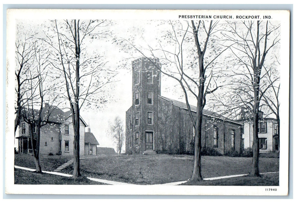 c1910's Presbyterian Church Tree-lined Rockport Indiana IN Antique Postcard