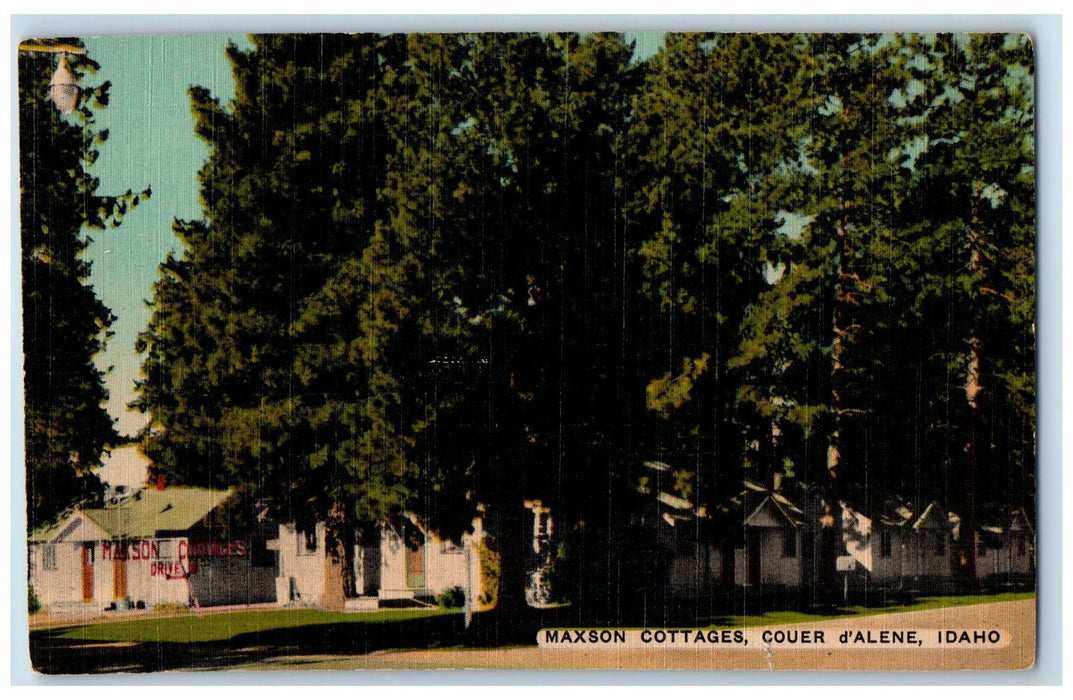 c1940 Maxson Cottages Vacation Forest Pines Lamp Post d'Alene Idaho ID Postcard