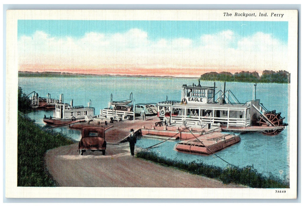 Robert Miller Ferry Crosses Ohio River Rockport Indiana IN, Cars Scene Postcard