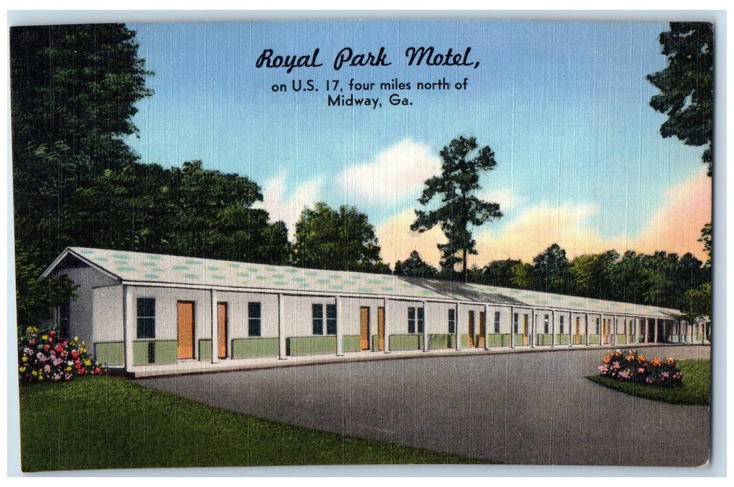 c1940's Royal Park Motel Inn Restaurant Flowers Trees Midway Georgia GA Postcard