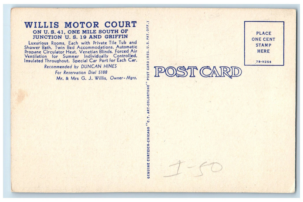 c1940's Willis Motor Court Rooms Flowers Tree Office Griffin Georgia GA Postcard
