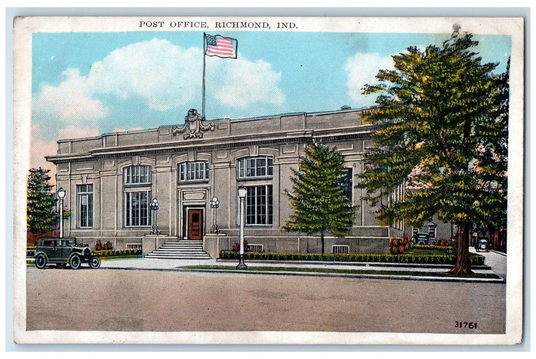 Post Office Building Car Exterior Scene Richmond Indiana IN Vintage Postcard