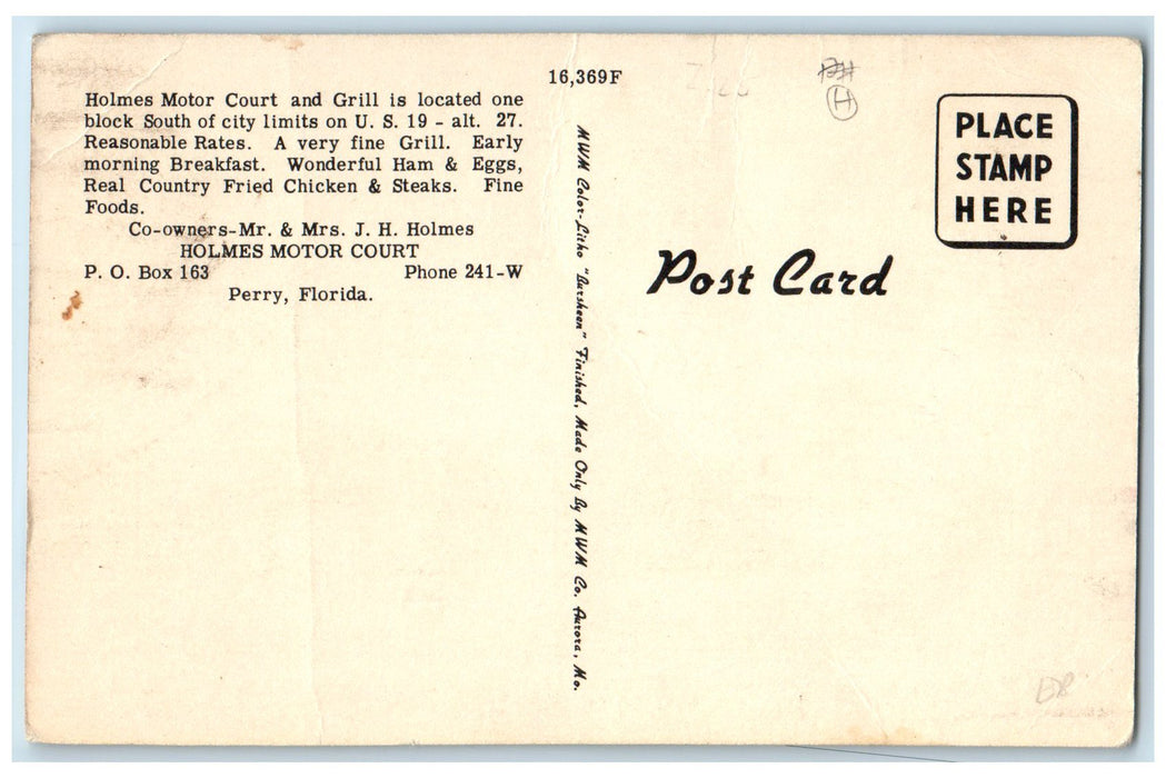 c1940 Holmes Motor Court Grill Restaurant Classic Cars Perry Florida FL Postcard