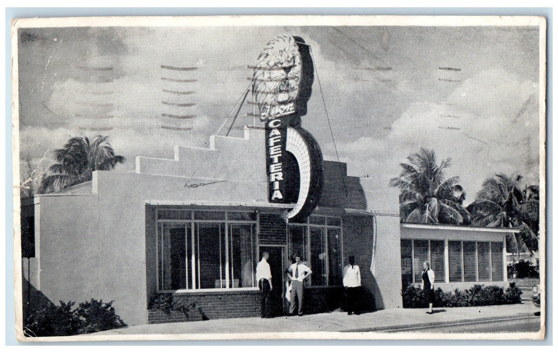 1956 Lyon Cafeteria Lion Signage People Roadside Palm Beach Florida FL Postcard