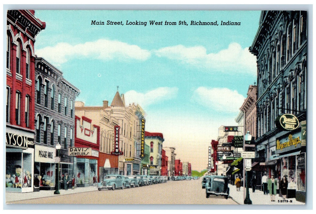 Main Street Looking West From 9th Car-lined Shops Richmond Indiana IN Postcard