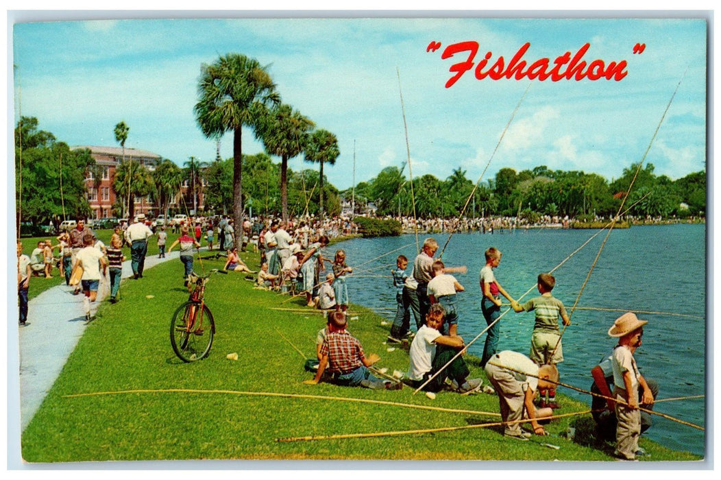 c1950's Fishathon Kids Adult Fishing Lake View Trees Orlando Florida FL Postcard