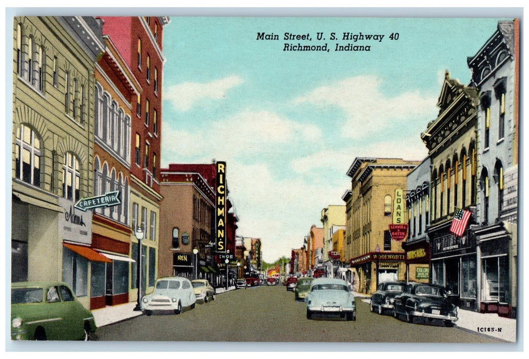 Main Street U.S Highway 40 Cafeteria Richmans Loans Richmond Indiana IN Postcard