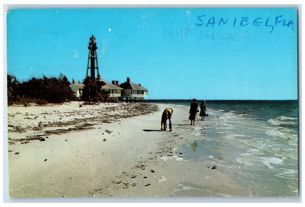 1959 Lighthouse On Sanibel Island Collecting Shells Shore Florida FL Postcard