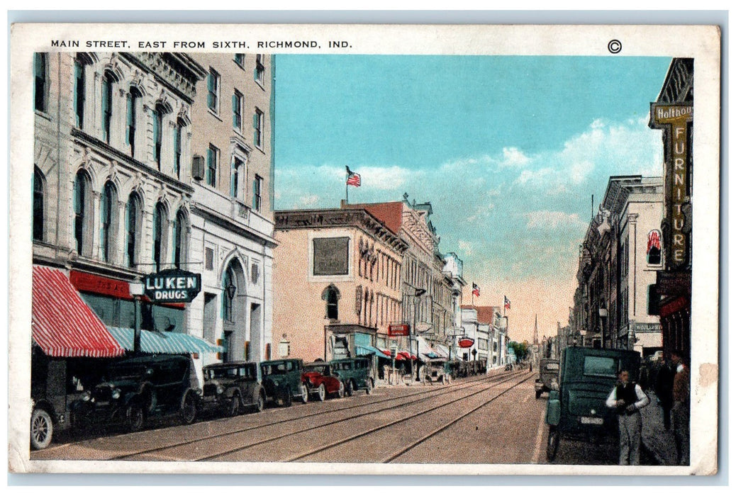 Main Street East From Sixth Luken Drugs Car-lined Richmond Indiana IN Postcard