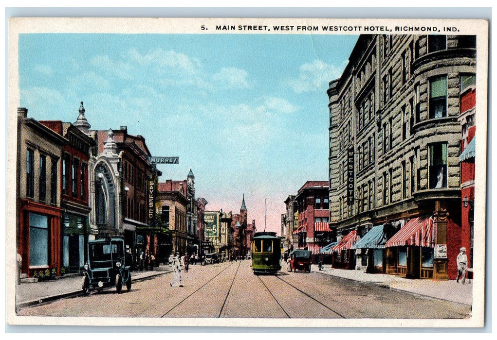 Main Street West From Westcott Hotel Richmond Indiana IN Vintage Postcard