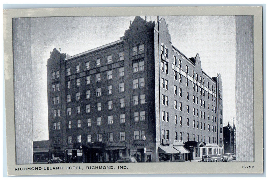 Richmond-Leland Hotel Building Exterior Scene Car-lined Indiana IN Postcard