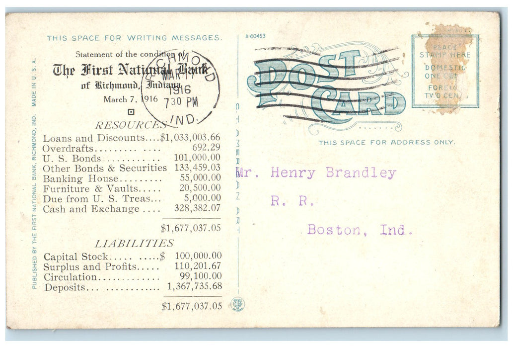 1916 View Of First National Bank Richmond Indiana IN Advertising Postcard