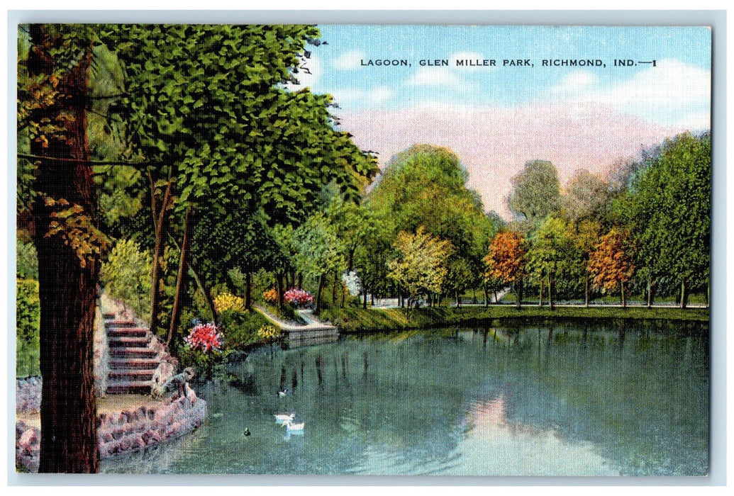 Scenic View Of Lagoon Glen Miller Park Richmond Indiana IN Vintage Postcard