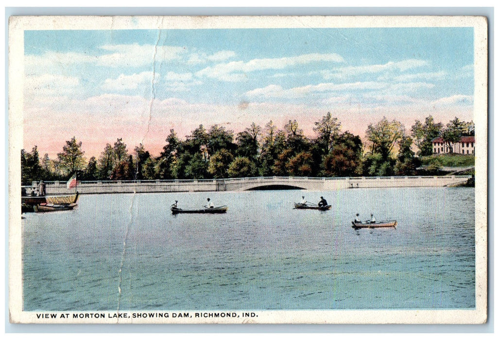 1915 View At Morton Lake Showing Dam Richmond Indiana IN, Boat Canoeing Postcard