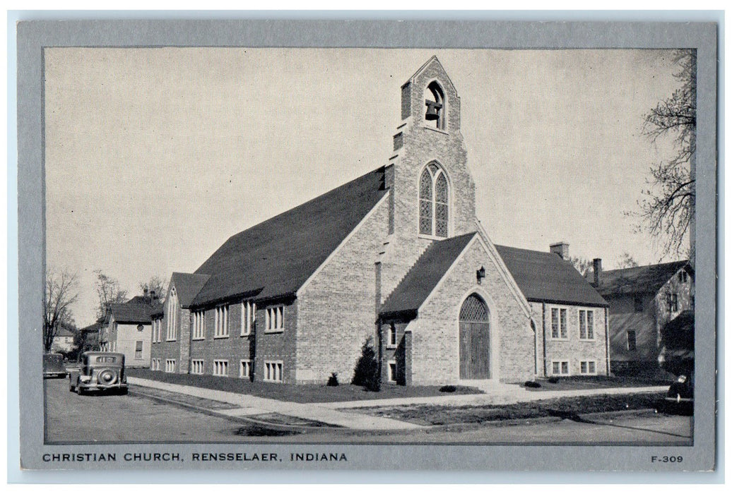 Christian Church Car Panoramic View Rensselaer Indiana IN Vintage Postcard