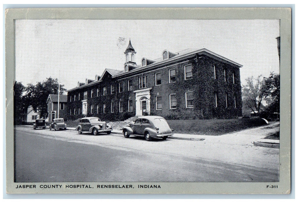 Jasper County Hospital Building Car-lined Rensselaer Indiana IN Vintage Postcard