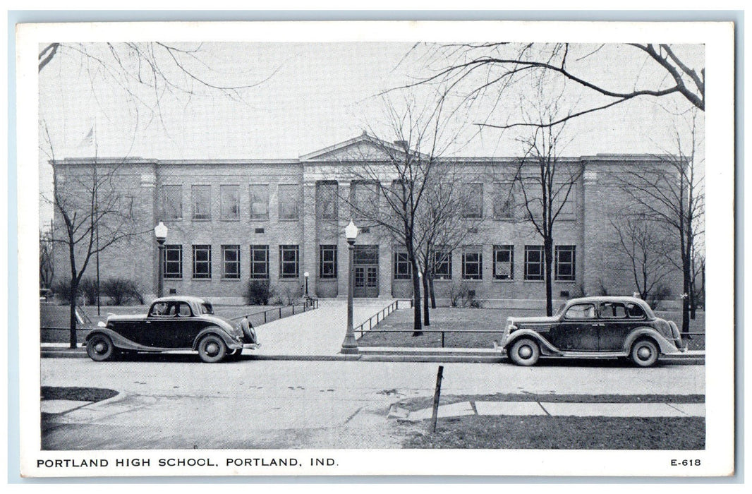 Portland High School Building Cars Panoramic View Indiana IN Vintage Postcard