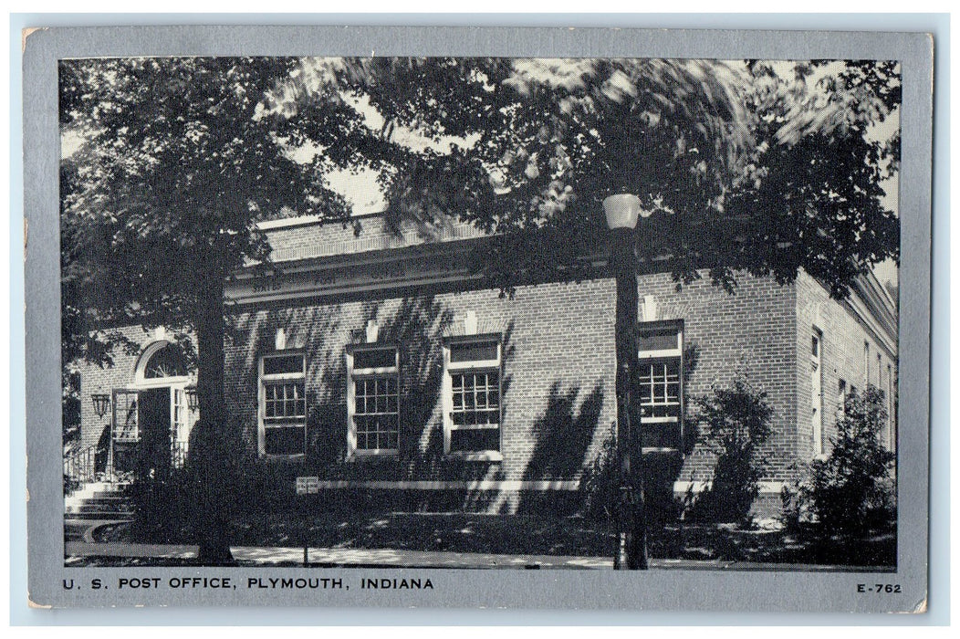 U.S Post Office Plymouth Indiana IN Street Tree Scene Vintage Posted Postcard