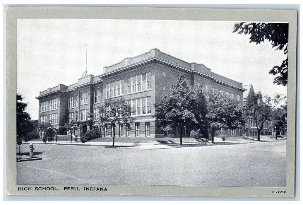 High School Building Panoramic View Peru Indiana IN Tree-lined Street Postcard