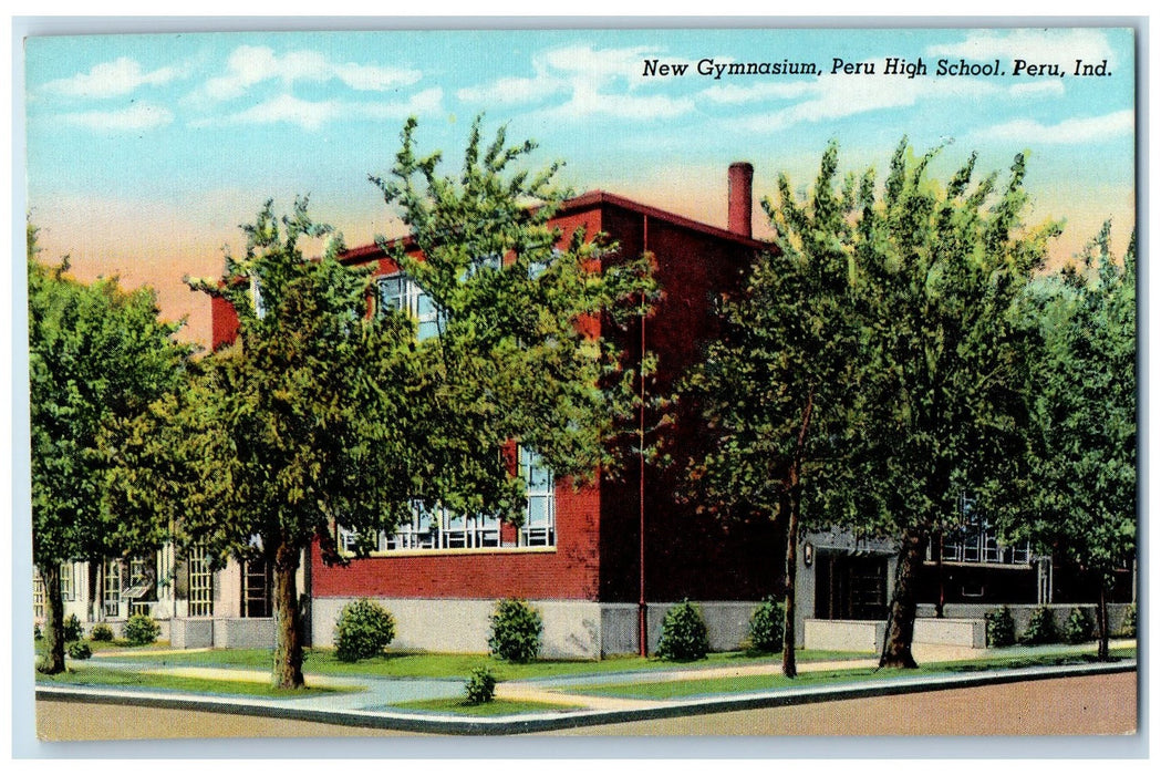 New Gymnasium Peru High School Tree-lined Exterior Indiana IN Vintage Postcard