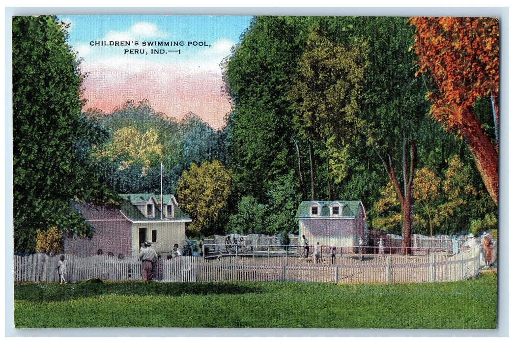 View Of Children's Swimming Pool City Park Peru Indiana IN Vintage Postcard