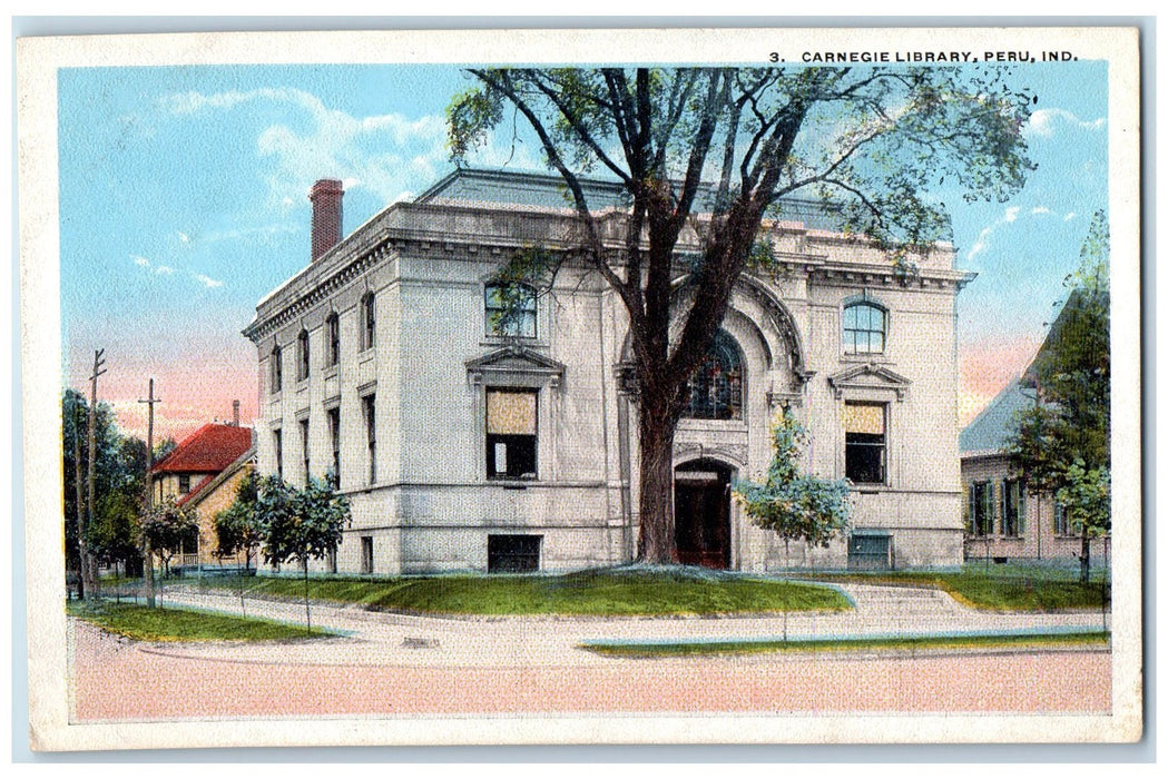 Carnegie Library Building Exterior Street Scene Peru Indiana IN Vintage Postcard