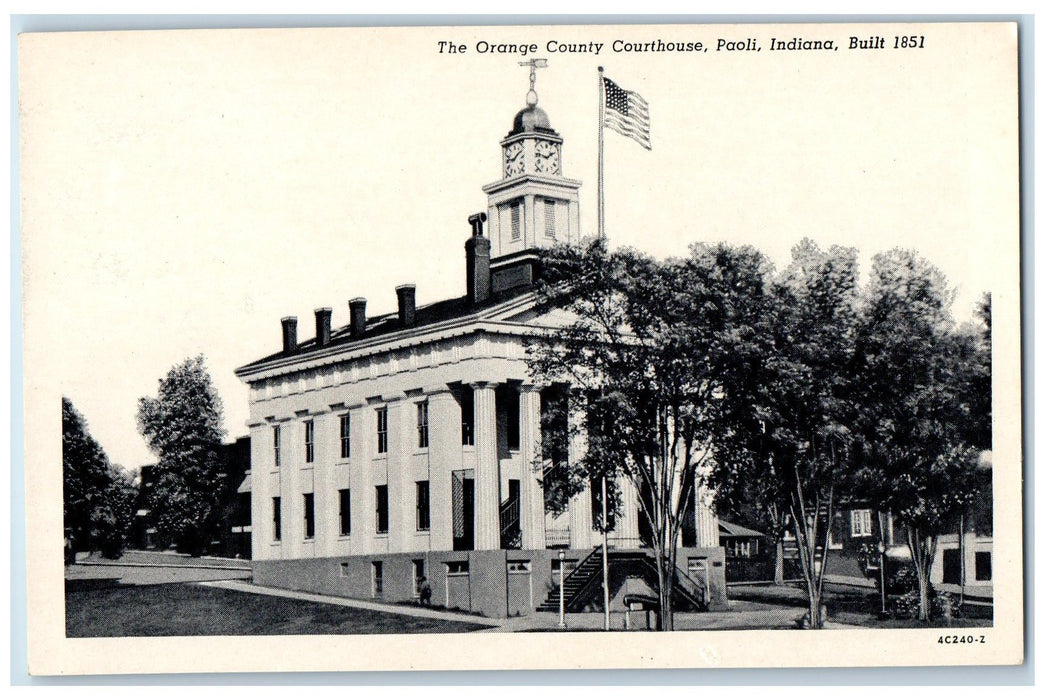 The Orange County Courthouse Paoli Indiana IN, Clock Tower Tree-lined Postcard