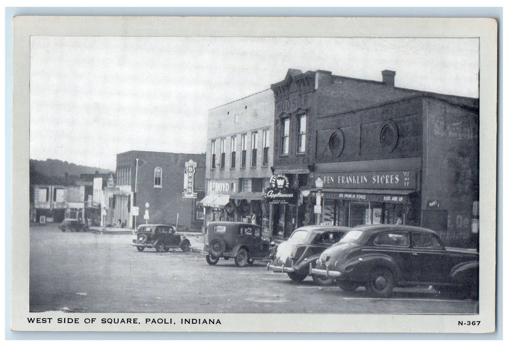West Side Of Square Paoli Indiana IN, Ben Franklin Store Car-lined Postcard