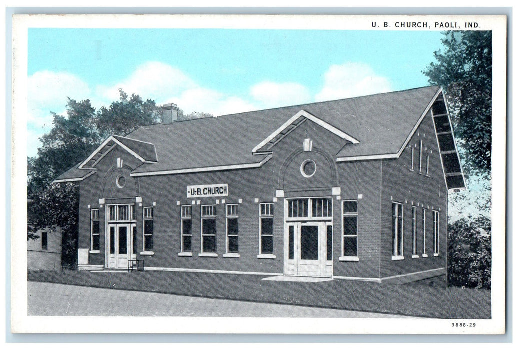 U.B. Church Paoli Indiana IN, Exterior Scene Vintage Unposted Postcard